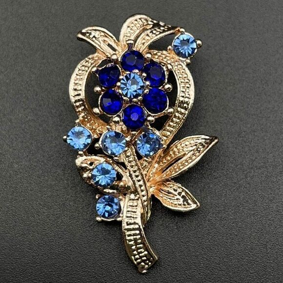 Rose Gold with Dark and Light Blue Sapphire Flower and Leaf Pin Back Brooch - Picture 2 of 10